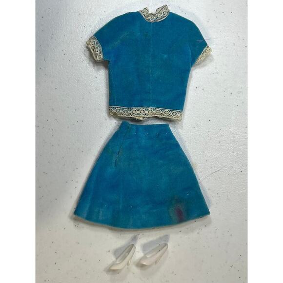 Vintage Barbie Suede Blue Top w/ lace Trim, Matching skirt w/ white heels. - Picture 1 of 6